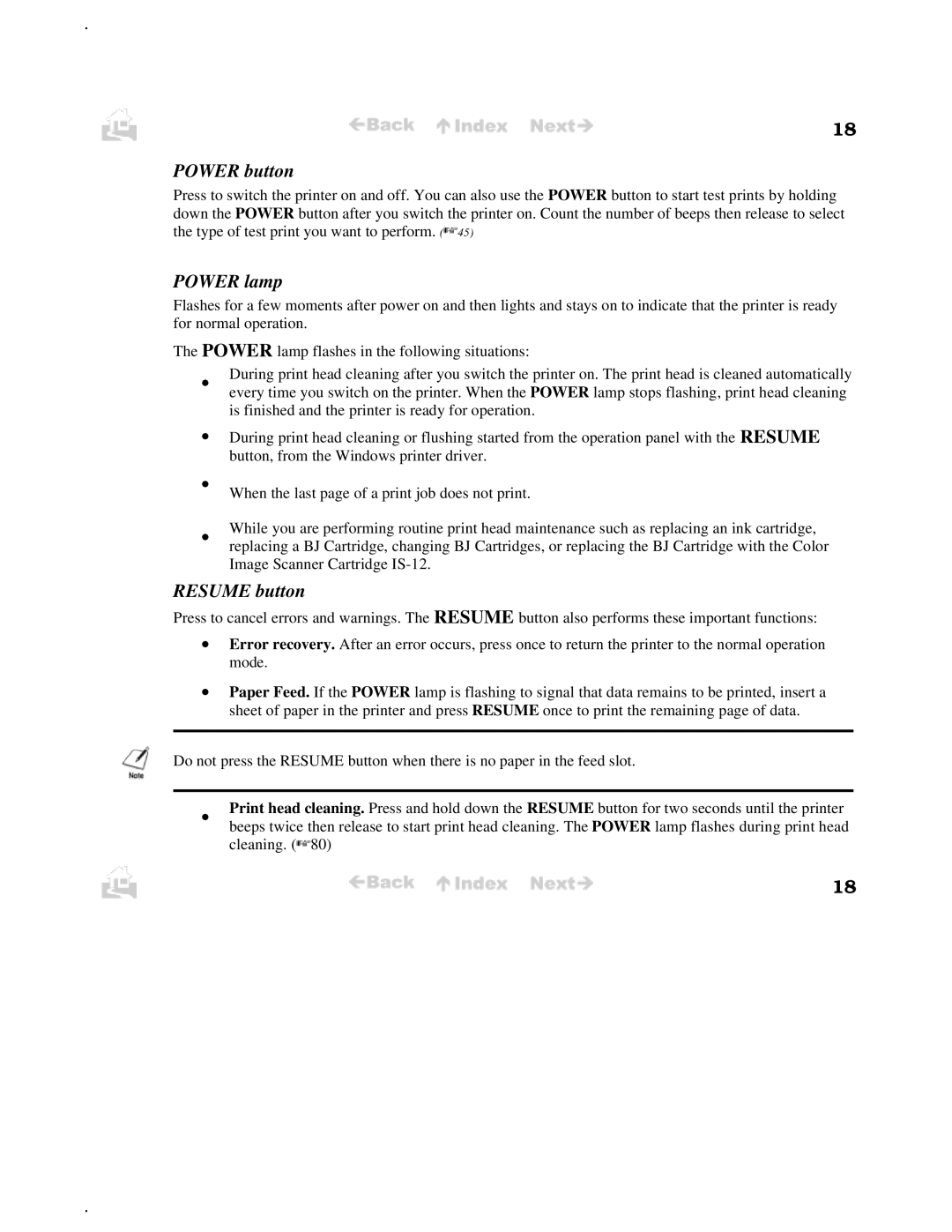 Canon BJC-50 user manual Power button, Power lamp, Resume button 