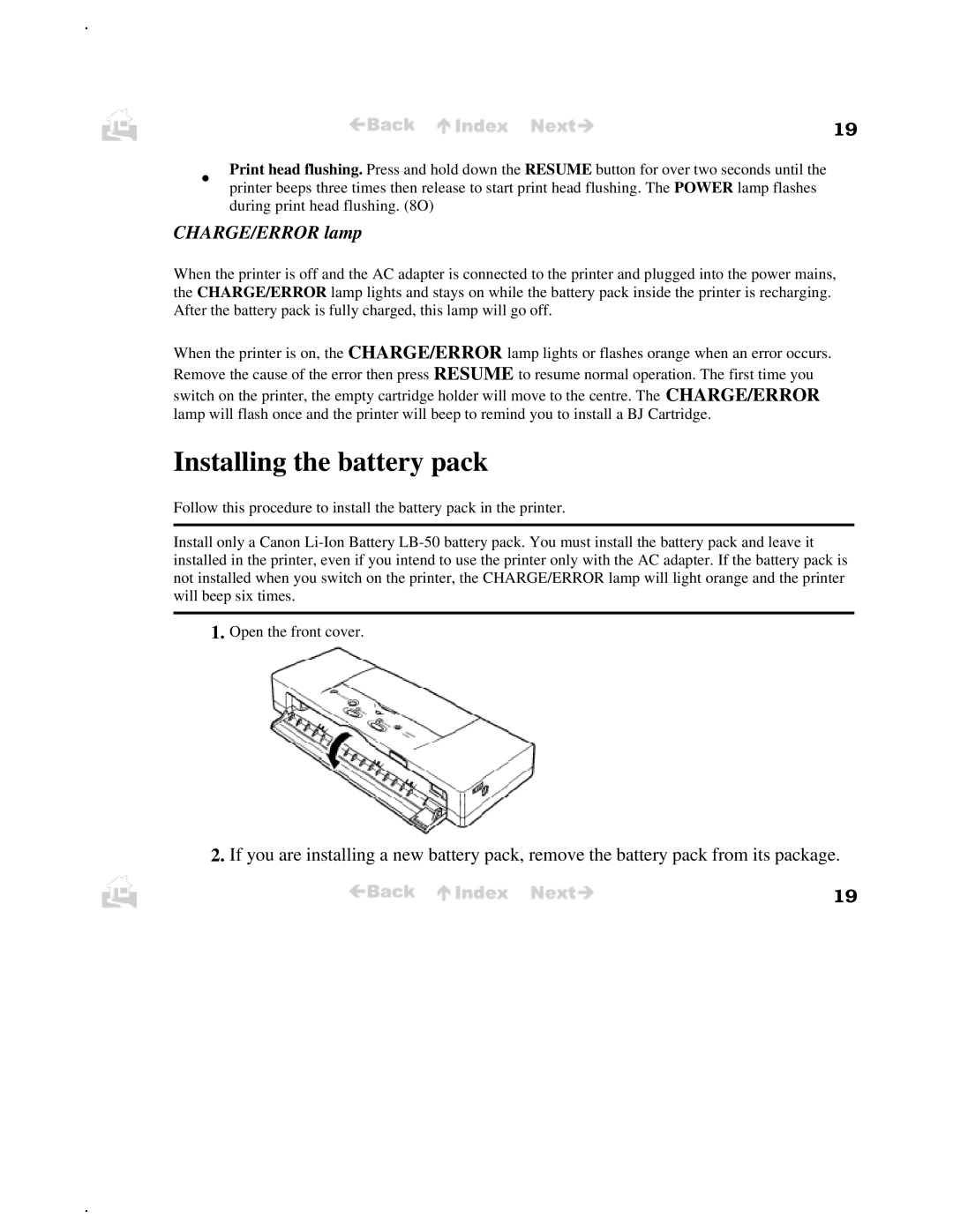 Canon BJC-50 user manual Installing the battery pack, CHARGE/ERROR lamp 