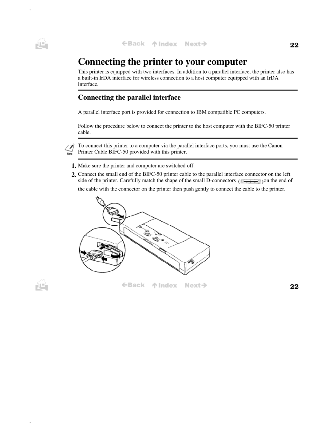 Canon BJC-50 user manual Connecting the printer to your computer, Connecting the parallel interface 