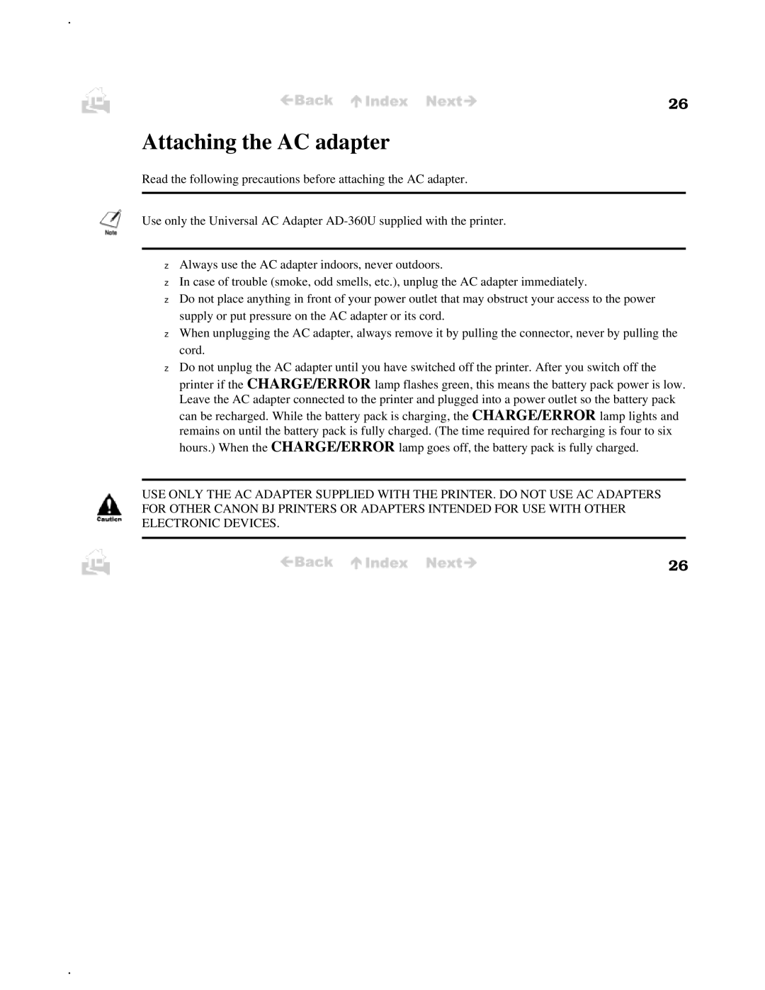 Canon BJC-50 user manual Attaching the AC adapter 