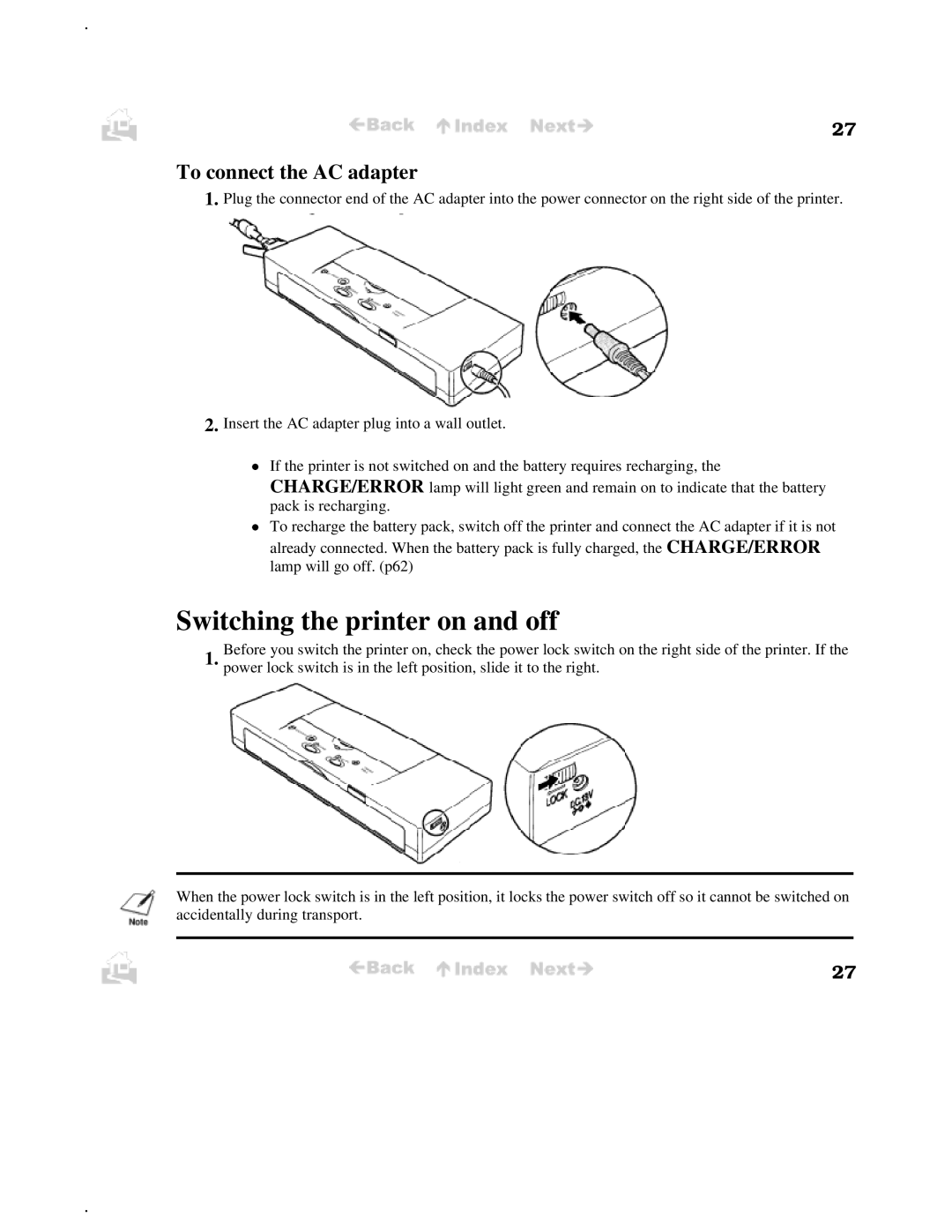 Canon BJC-50 user manual Switching the printer on and off, To connect the AC adapter 