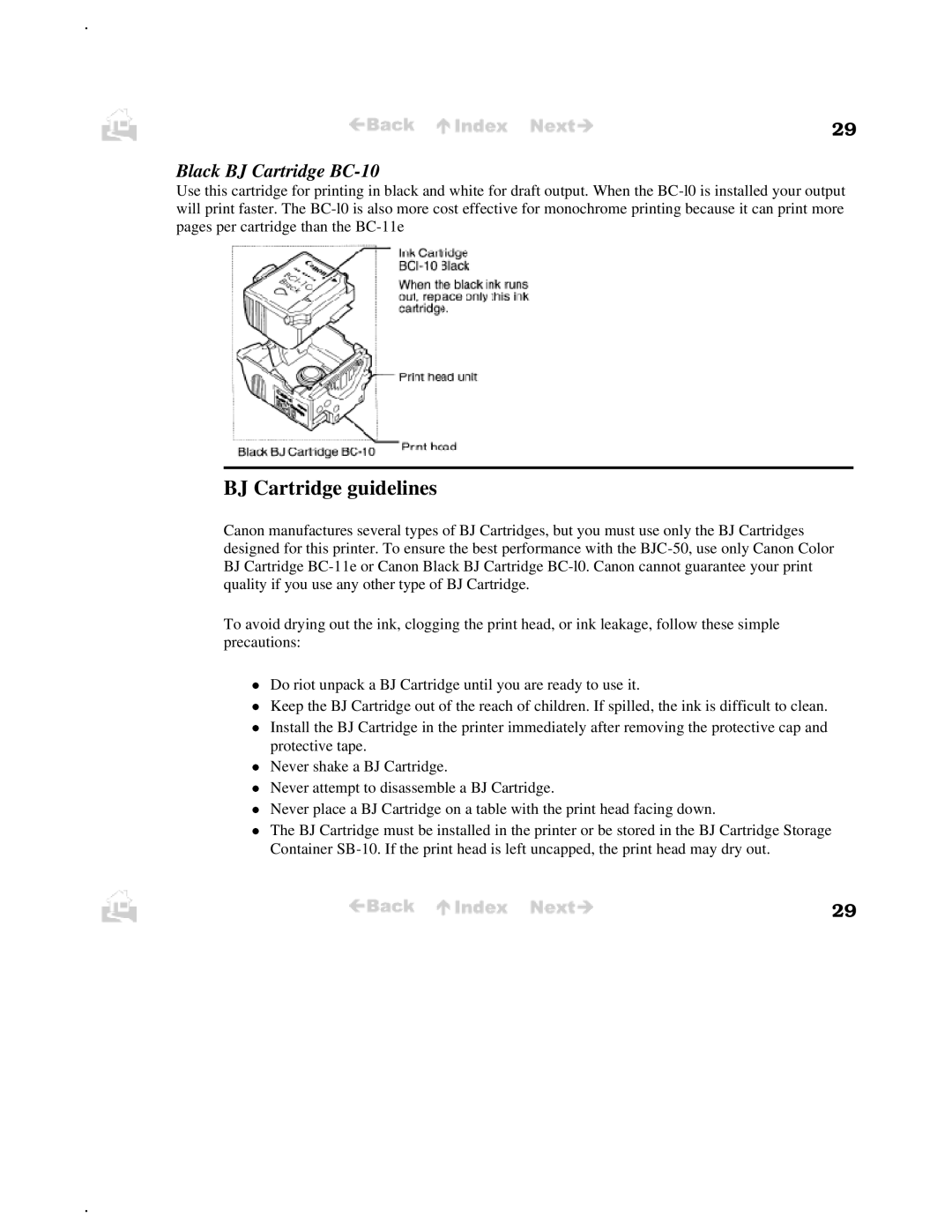 Canon BJC-50 user manual BJ Cartridge guidelines, Black BJ Cartridge BC-10 