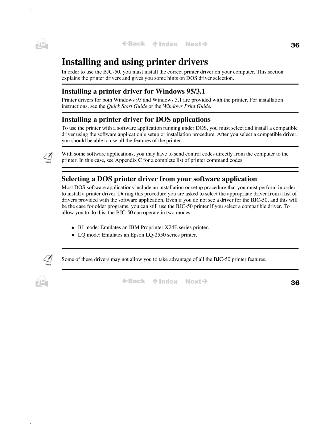 Canon BJC-50 user manual Installing and using printer drivers, Installing a printer driver for Windows 95/3.1 