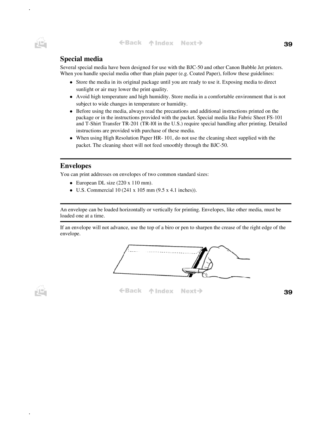 Canon BJC-50 user manual Special media, Envelopes 