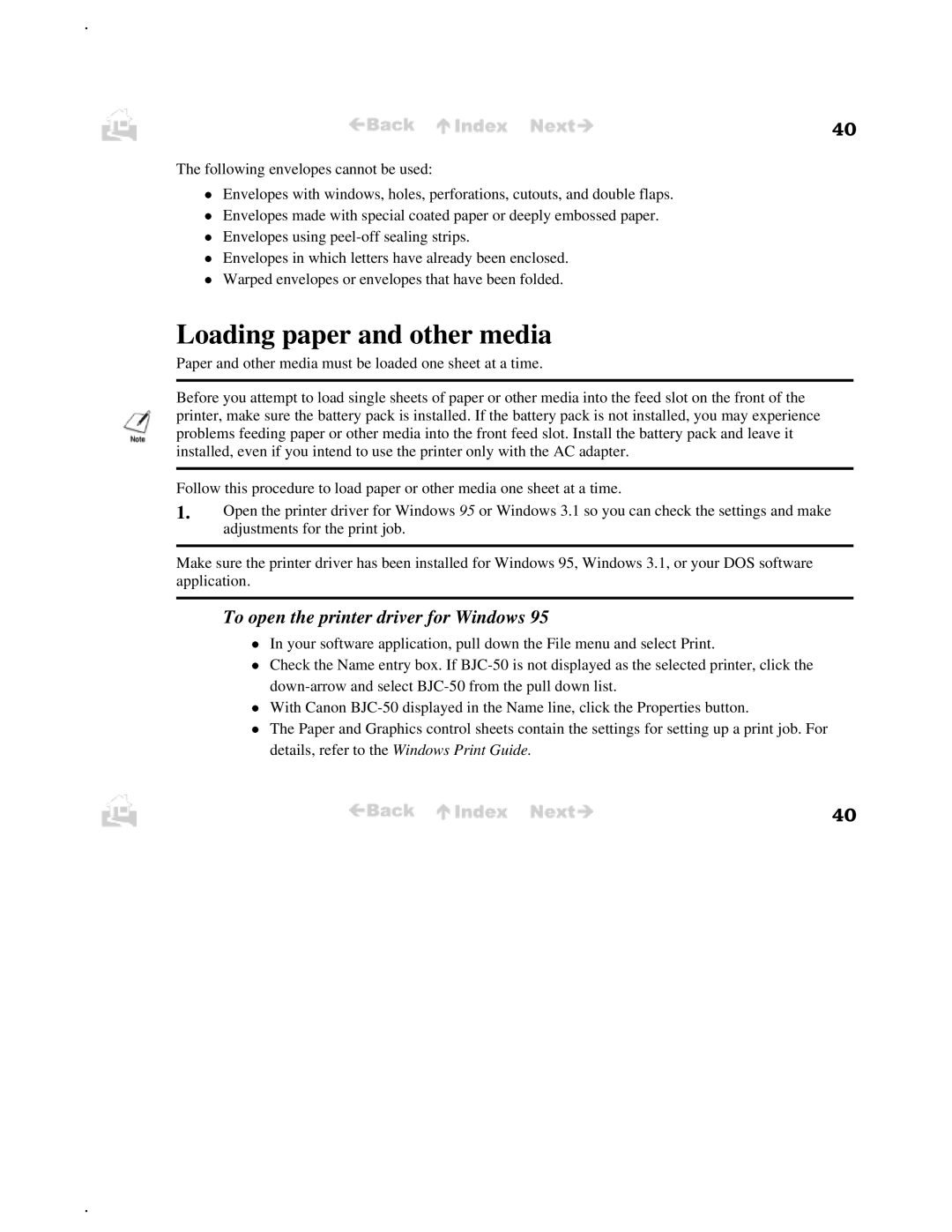 Canon BJC-50 user manual Loading paper and other media, To open the printer driver for Windows 