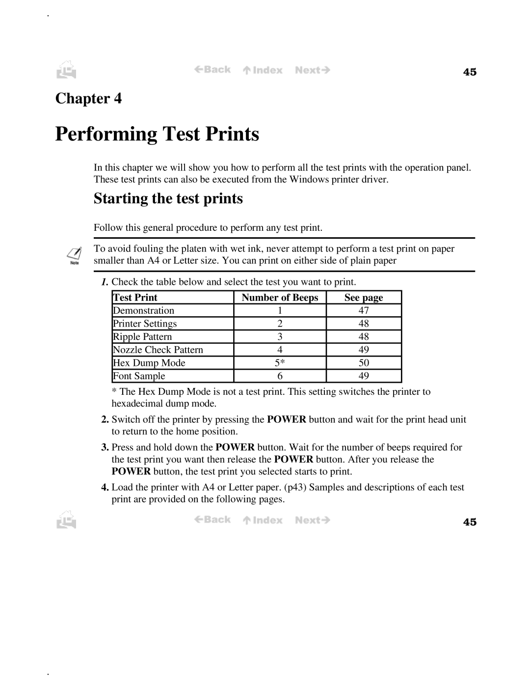 Canon BJC-50 user manual Starting the test prints, Test Print Number of Beeps 