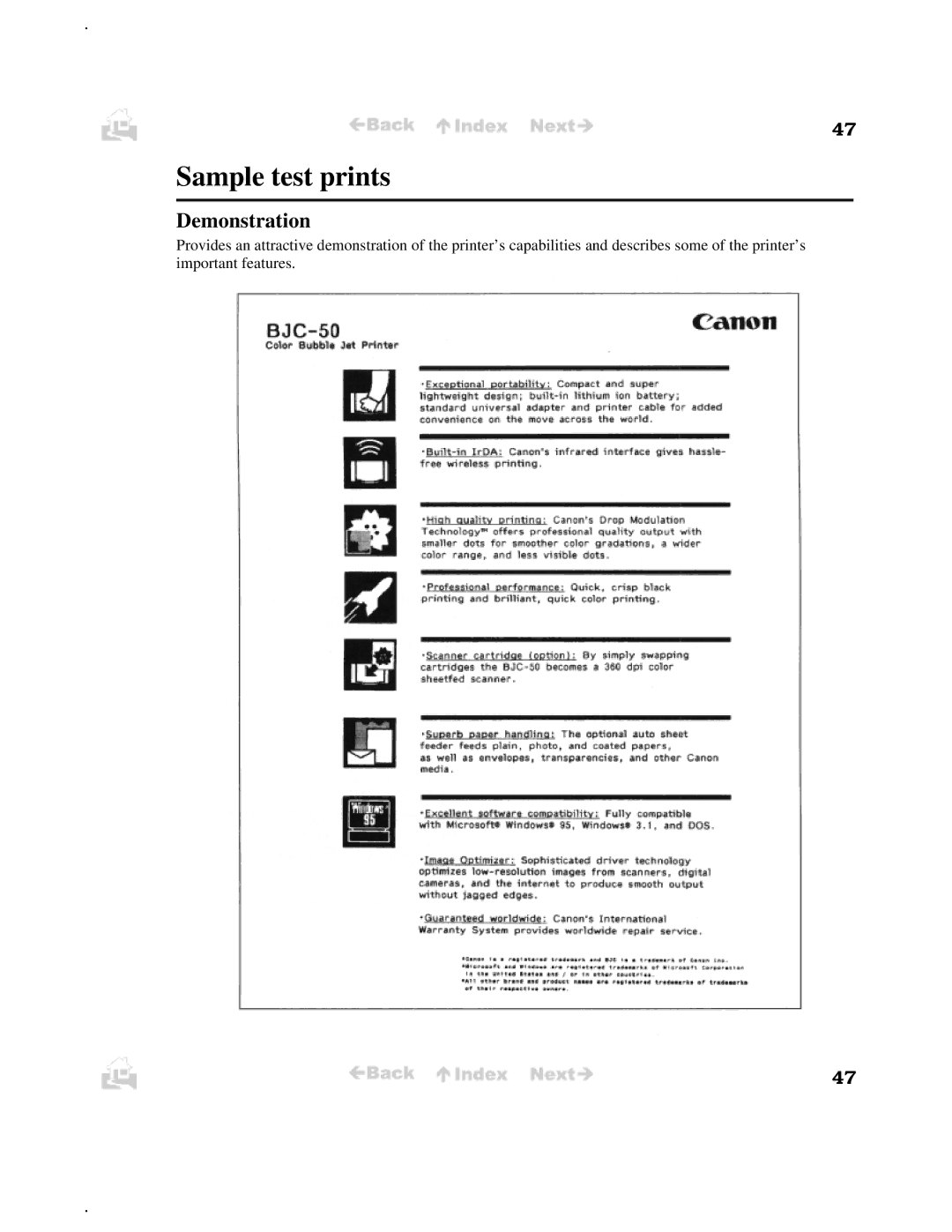 Canon BJC-50 user manual Sample test prints, Demonstration 