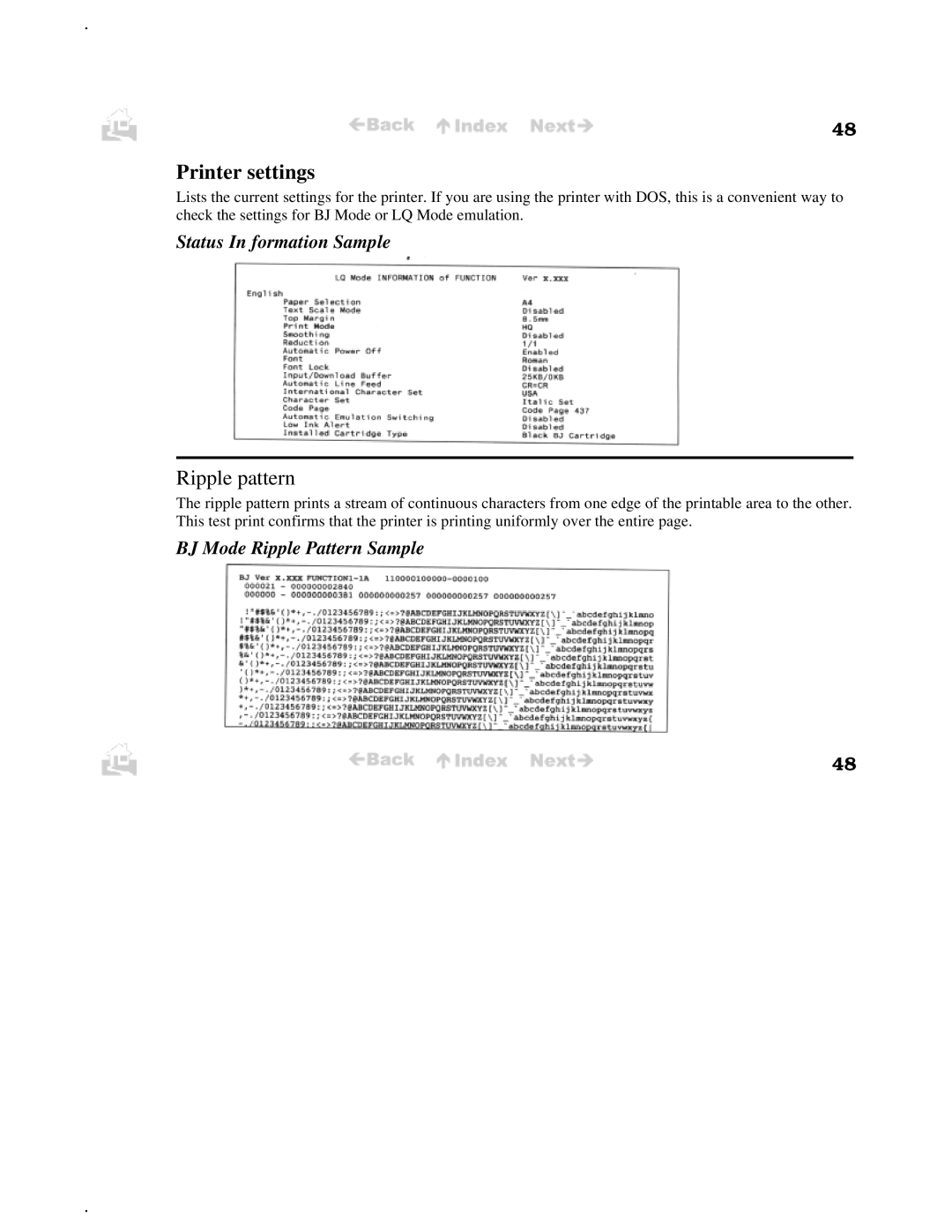 Canon BJC-50 user manual Printer settings, Status In formation Sample, BJ Mode Ripple Pattern Sample 