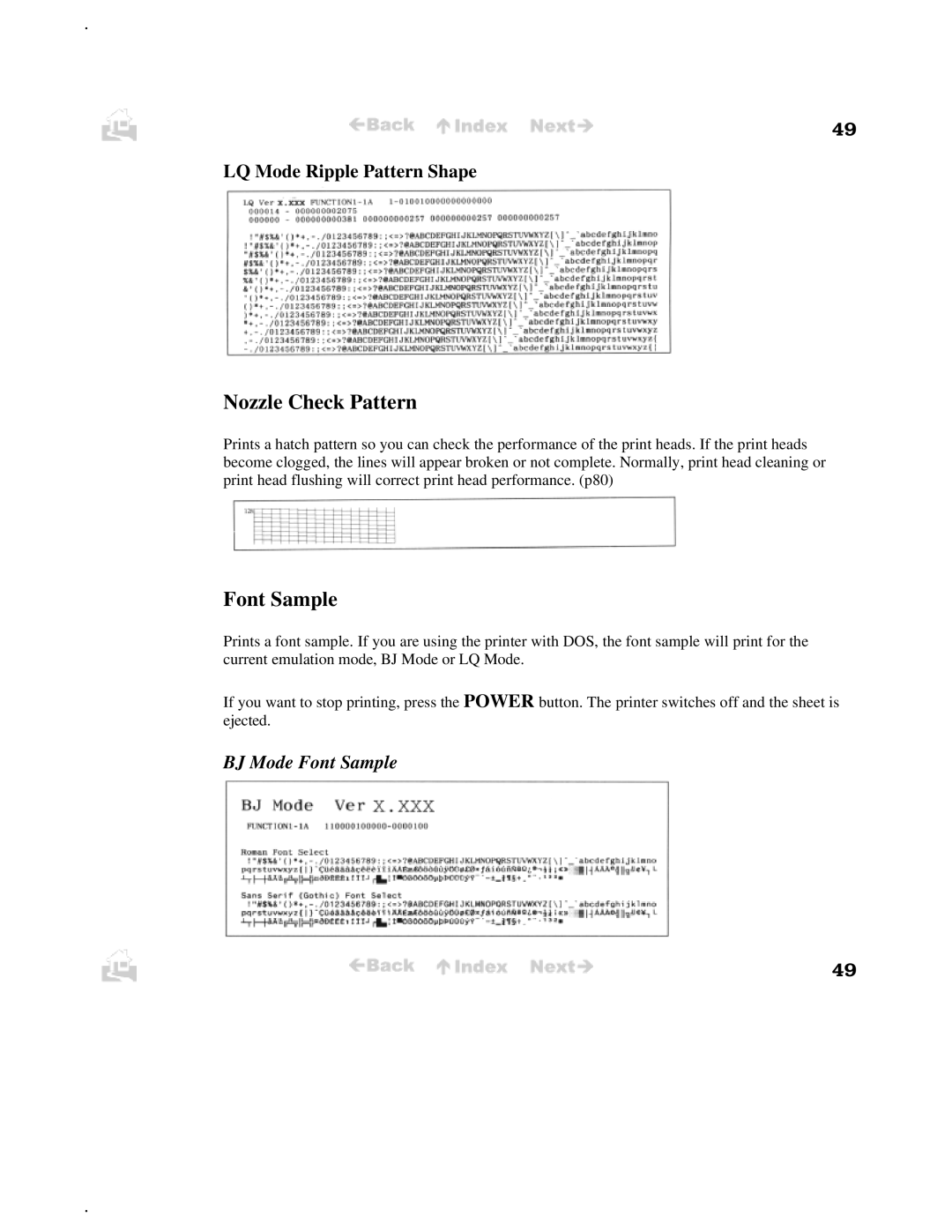 Canon BJC-50 user manual Nozzle Check Pattern, LQ Mode Ripple Pattern Shape, BJ Mode Font Sample 