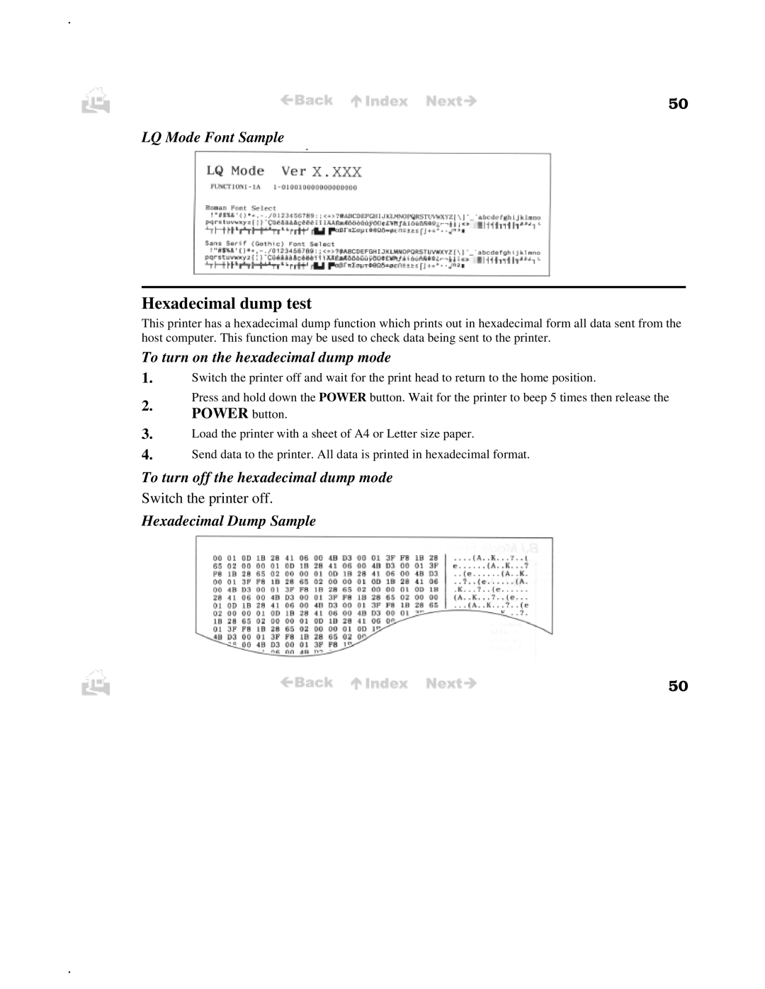 Canon BJC-50 Hexadecimal dump test, LQ Mode Font Sample, To turn on the hexadecimal dump mode, Hexadecimal Dump Sample 