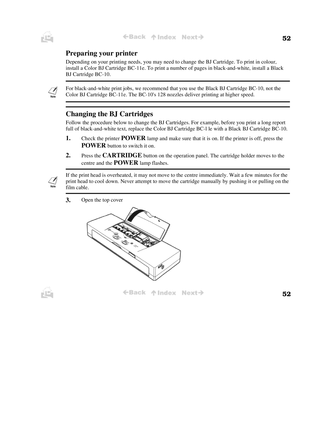 Canon BJC-50 user manual Preparing your printer, Changing the BJ Cartridges 