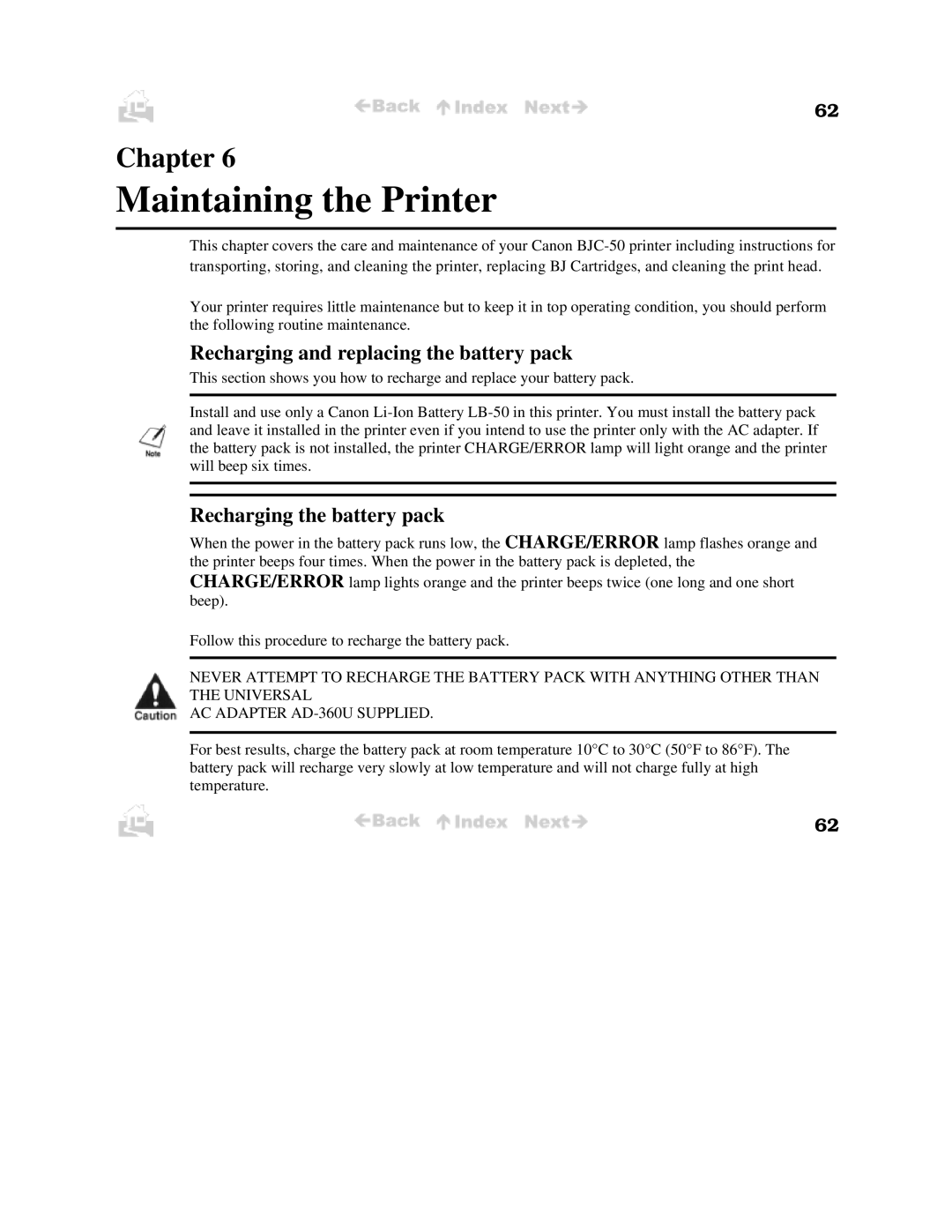 Canon BJC-50 user manual Recharging and replacing the battery pack, Recharging the battery pack 