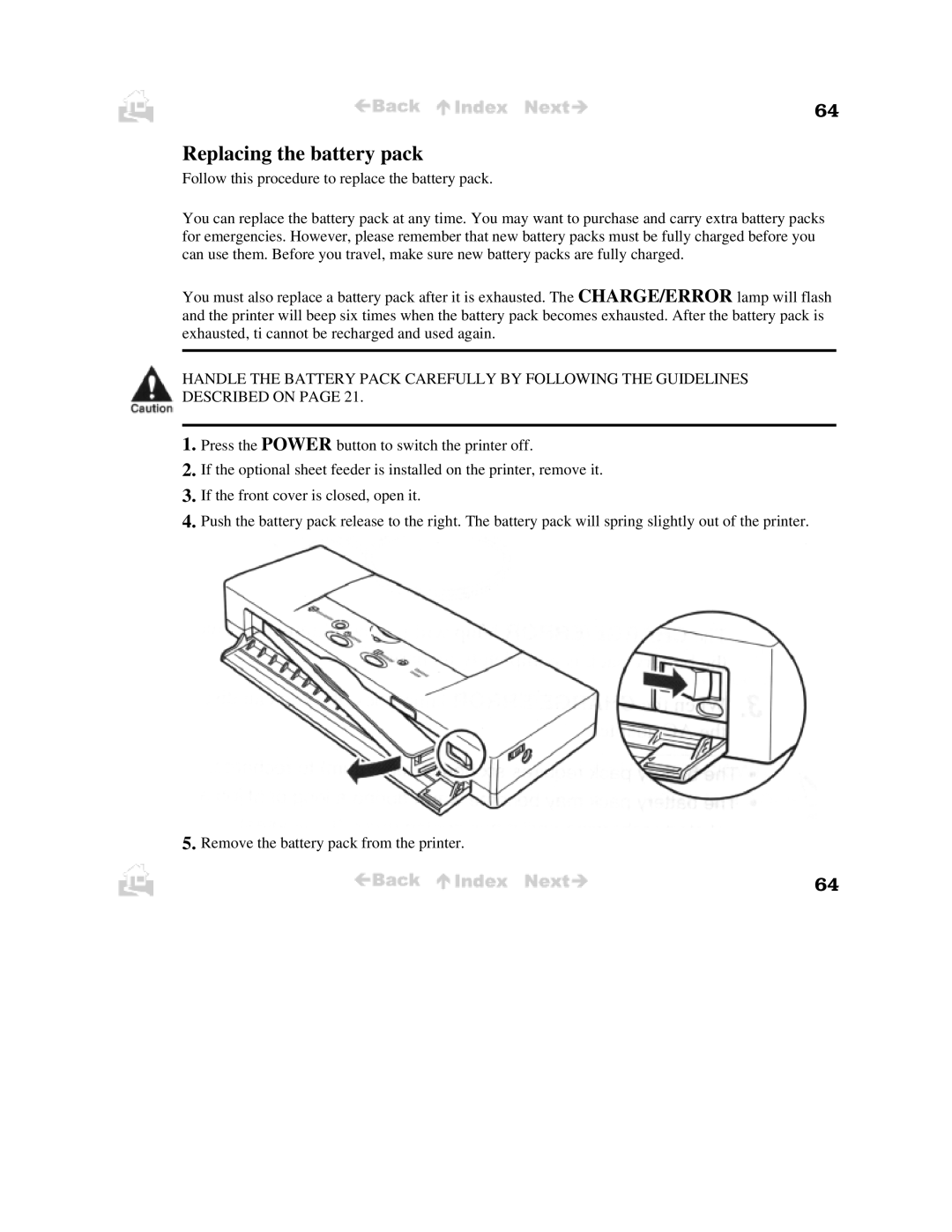 Canon BJC-50 user manual Replacing the battery pack 