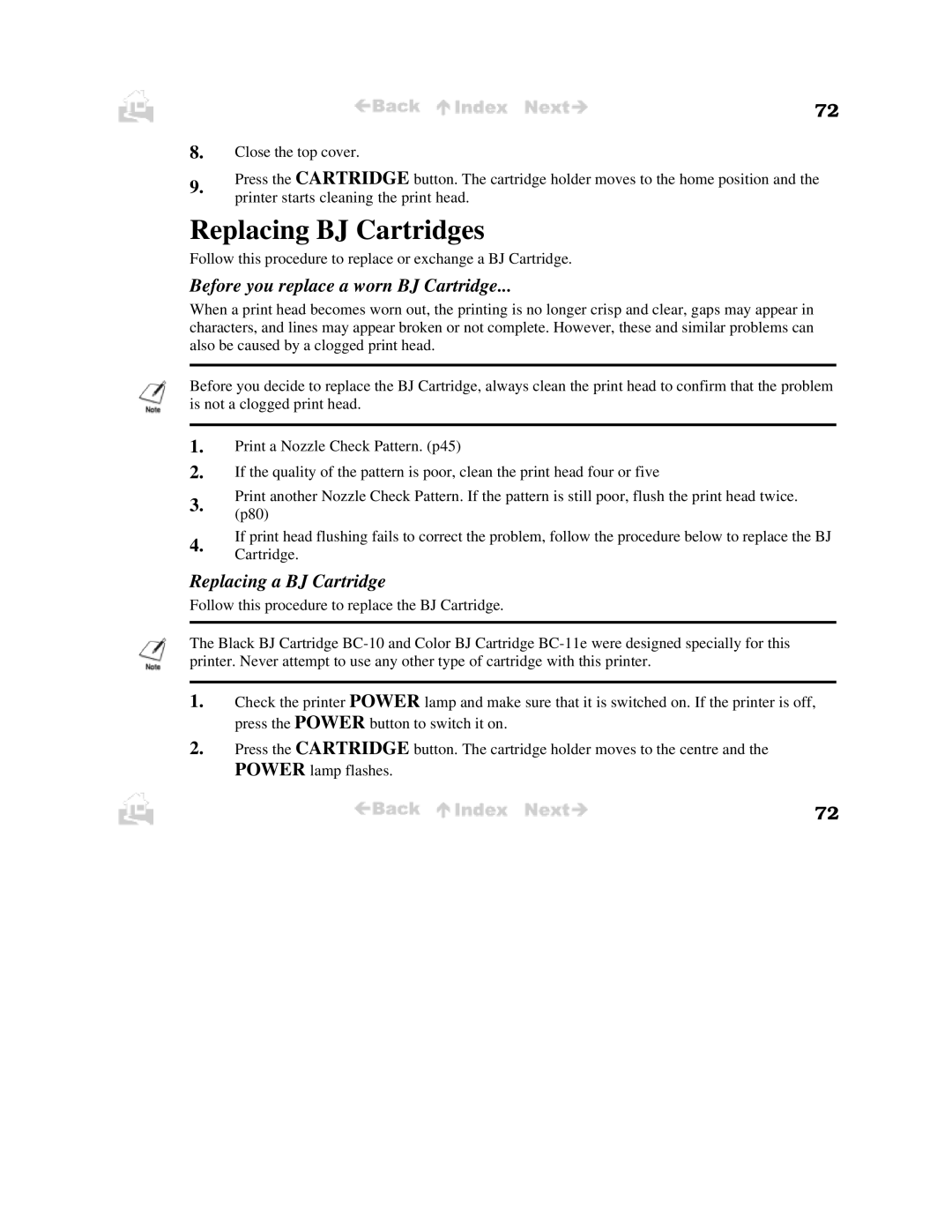 Canon BJC-50 user manual Replacing BJ Cartridges, Before you replace a worn BJ Cartridge, Replacing a BJ Cartridge 