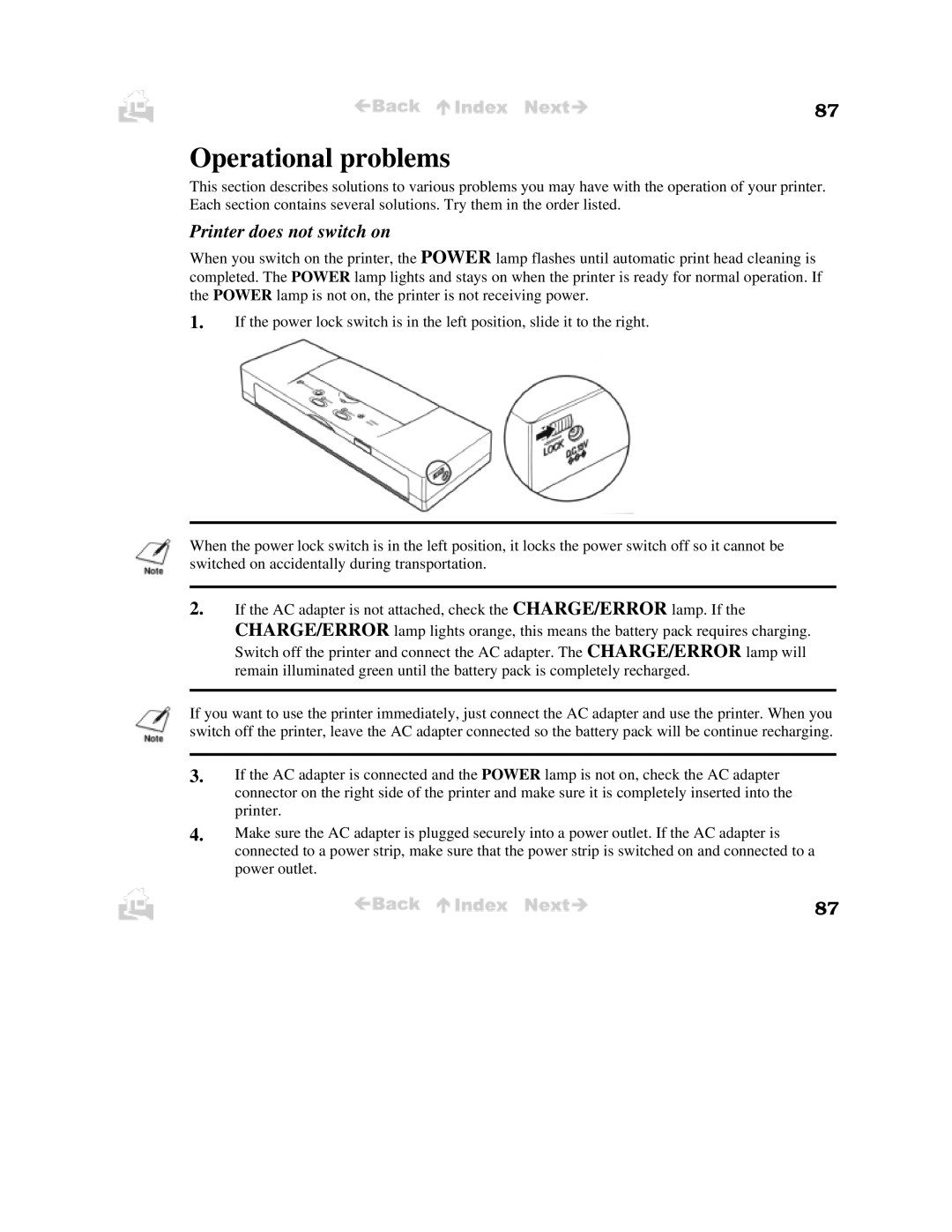 Canon BJC-50 user manual Operational problems, Printer does not switch on 