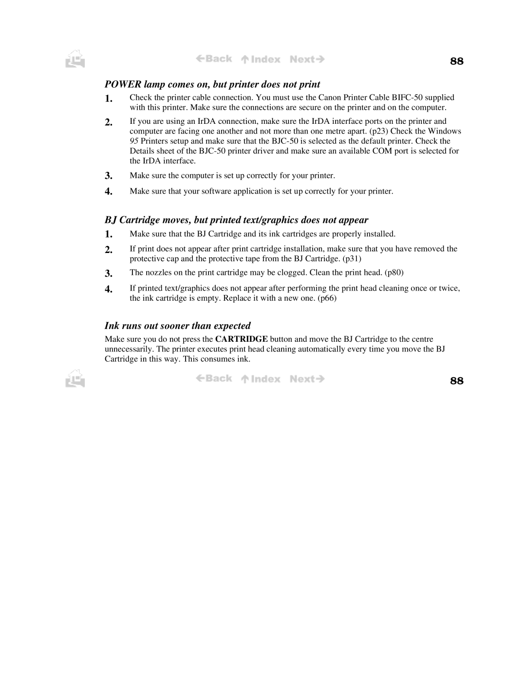 Canon BJC-50 user manual Power lamp comes on, but printer does not print, Ink runs out sooner than expected 