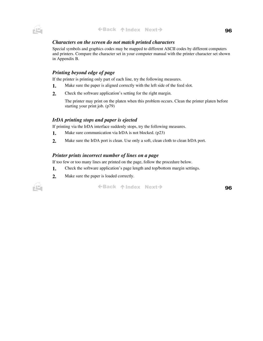 Canon BJC-50 user manual Characters on the screen do not match printed characters, Printing beyond edge 