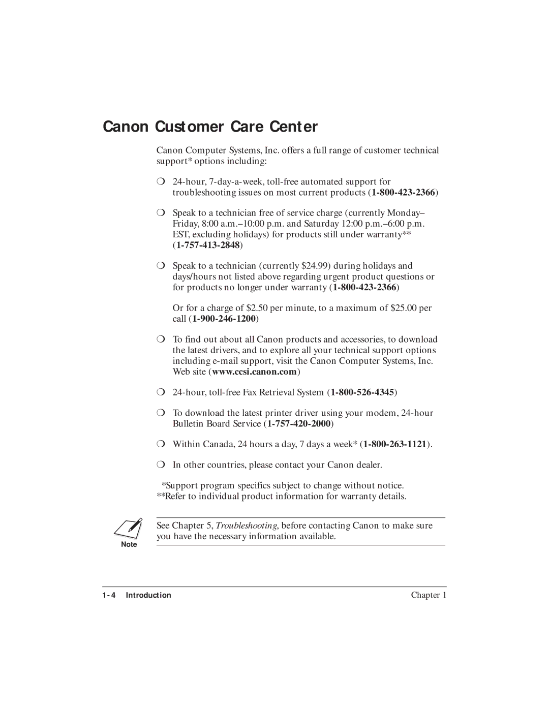 Canon BJC-5100 user manual Canon Customer Care Center 