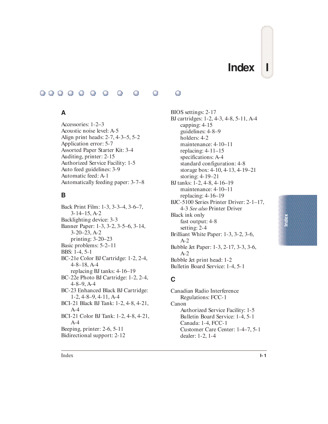 Canon BJC-5100 user manual Index 