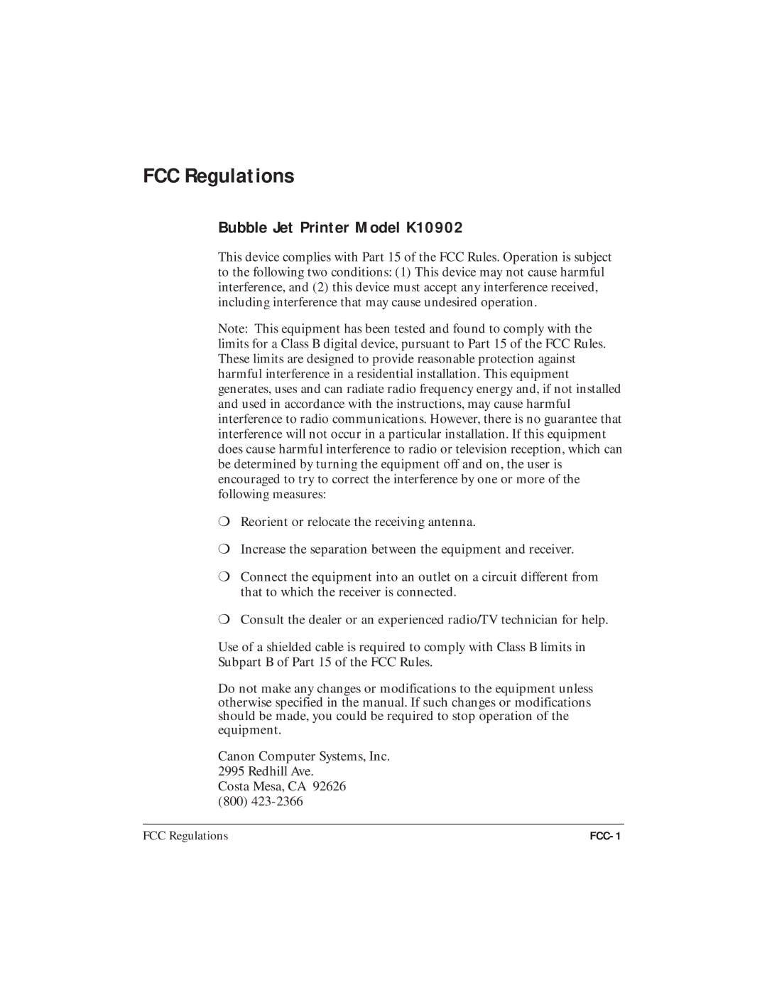 Canon BJC-5100 user manual FCC Regulations, Bubble Jet Printer Model K10902 