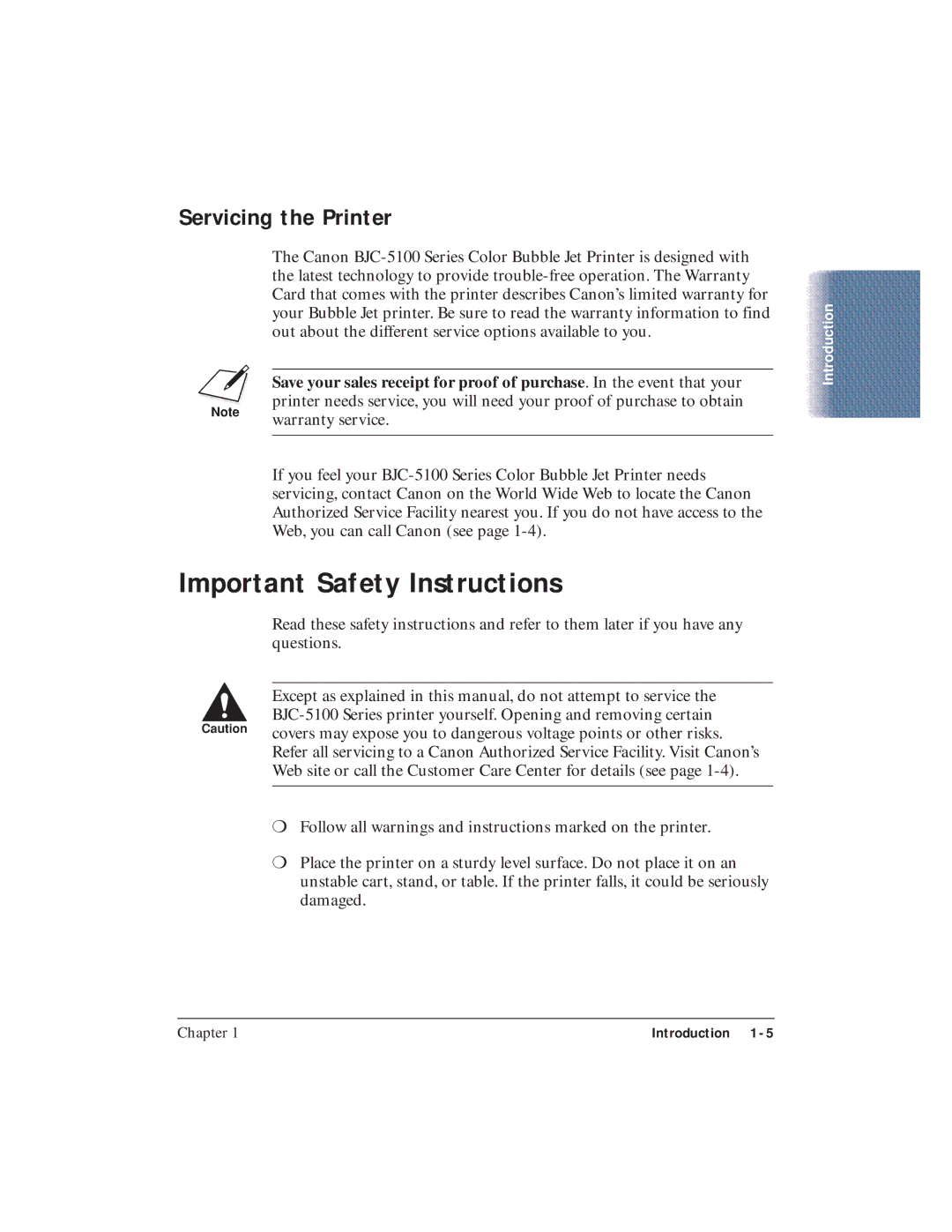 Canon BJC-5100 user manual Important Safety Instructions, Servicing the Printer 