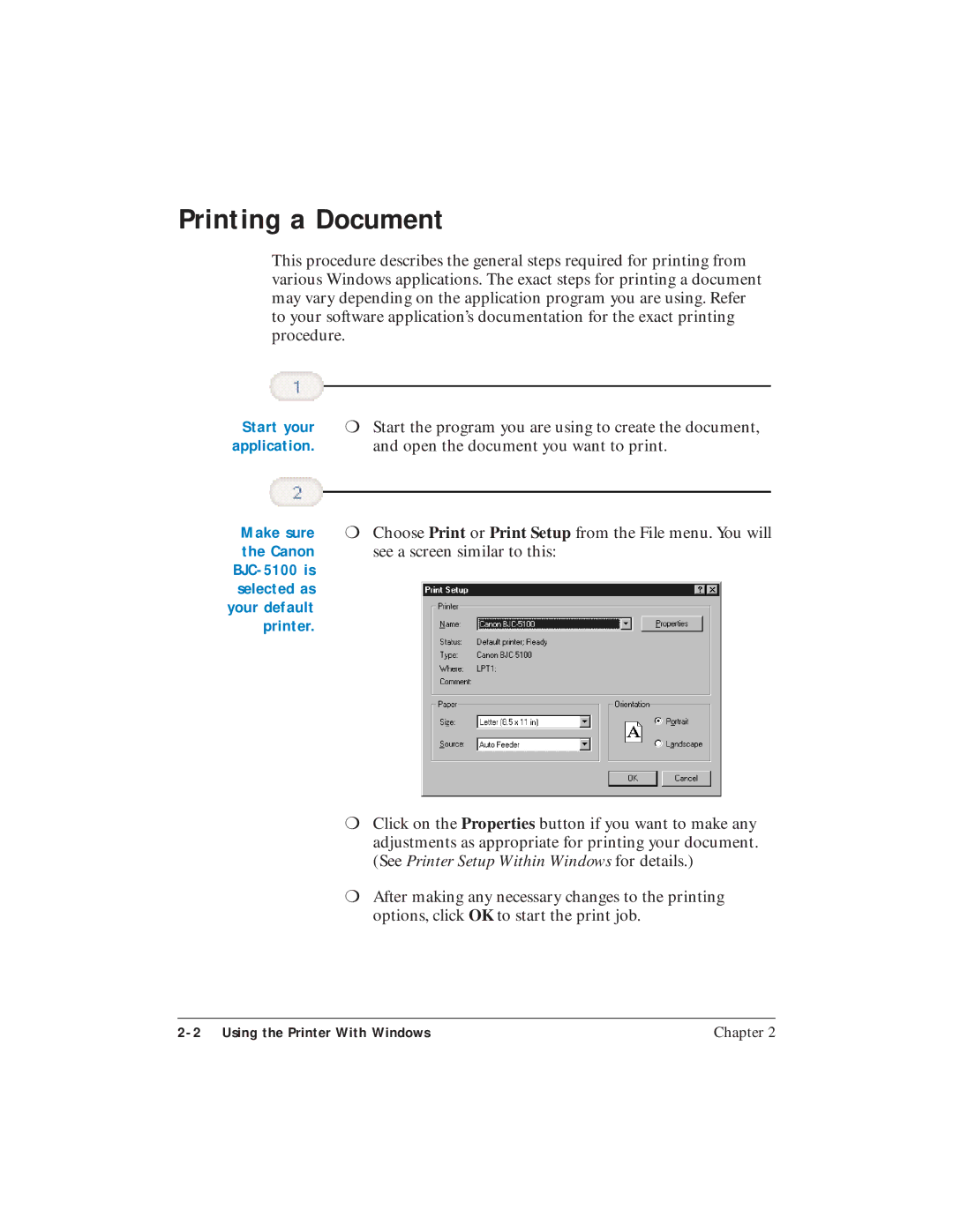 Canon BJC-5100 user manual Printing a Document, Start your, Make sure, Canon, Printer 