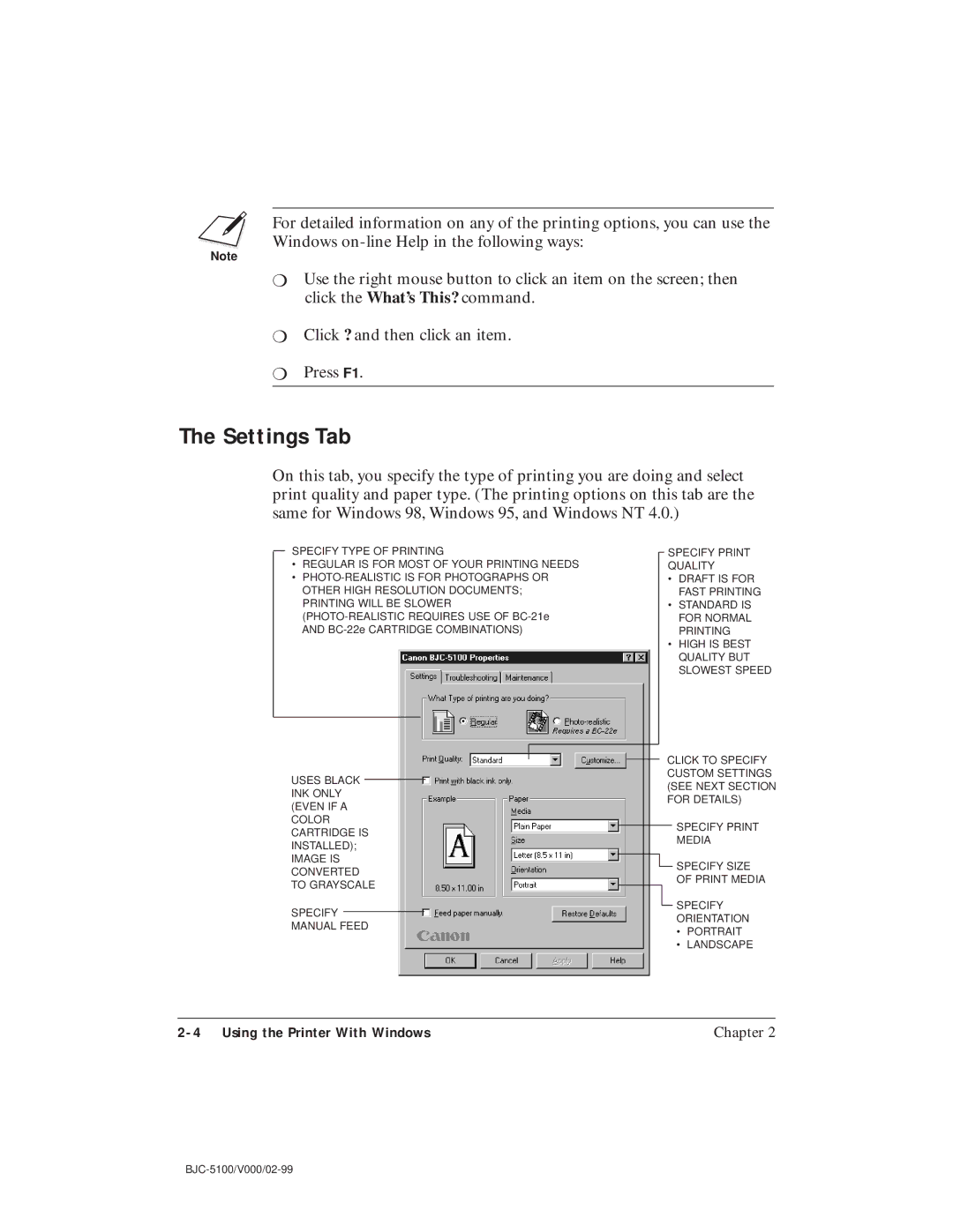 Canon BJC-5100 user manual Settings Tab 