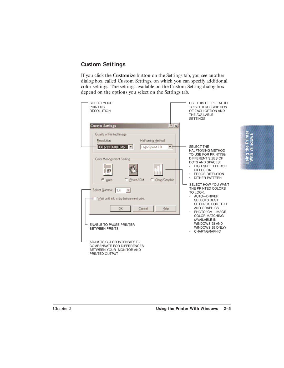 Canon BJC-5100 user manual Custom Settings 