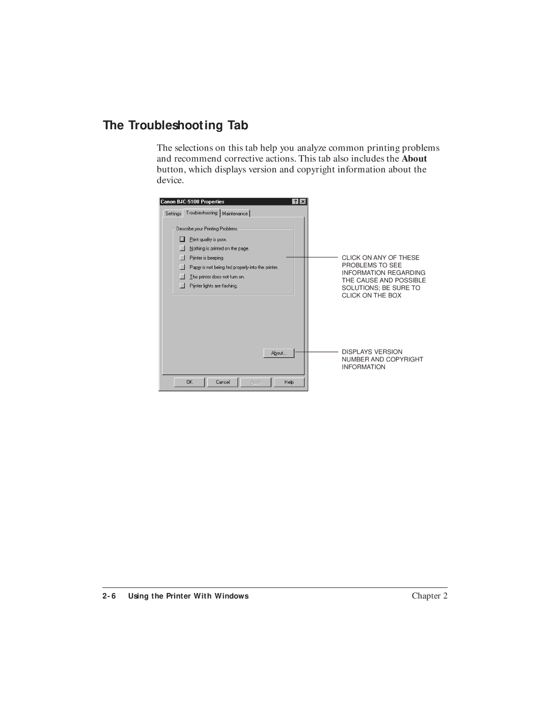 Canon BJC-5100 user manual Troubleshooting Tab 