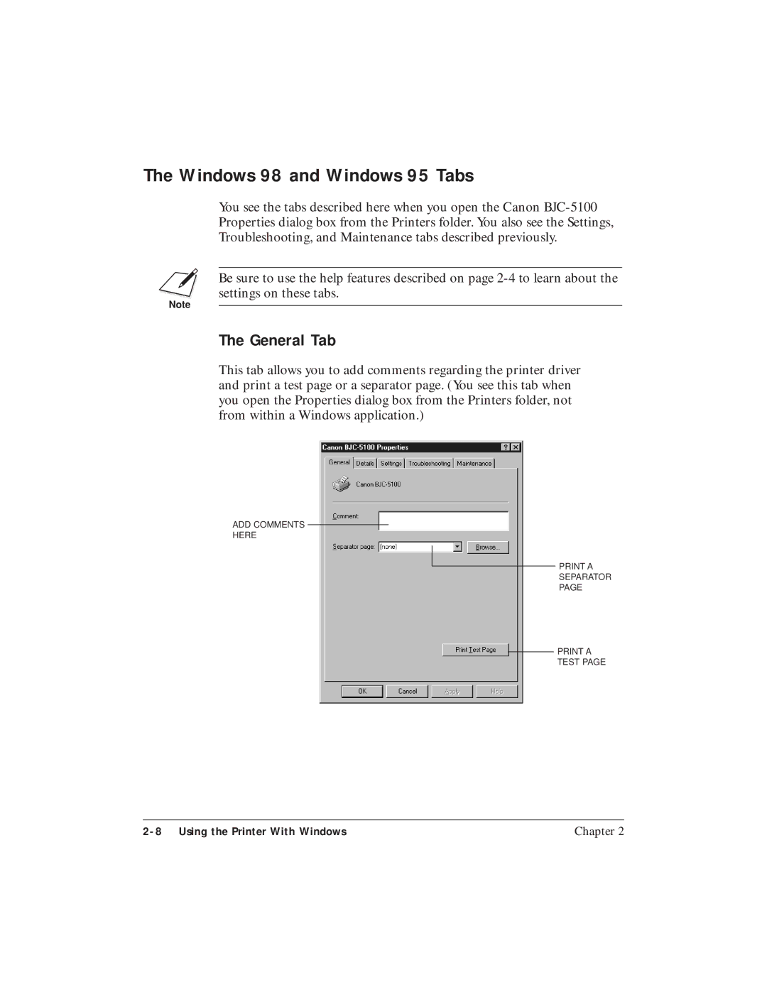 Canon BJC-5100 user manual Windows 98 and Windows 95 Tabs, General Tab 