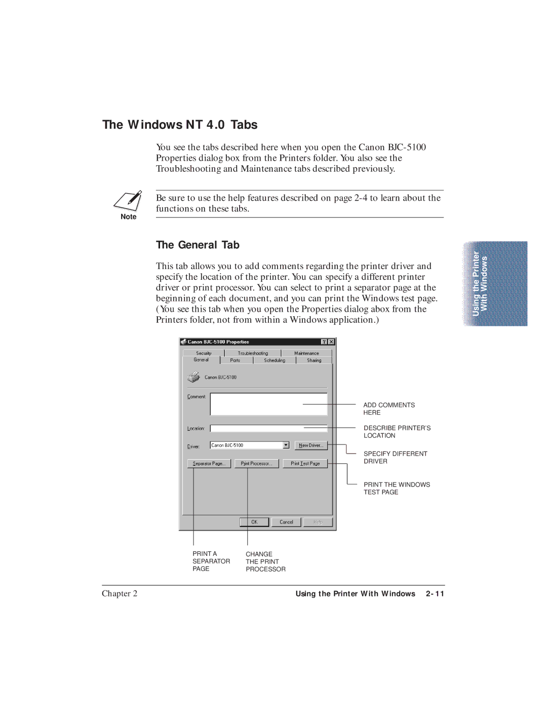 Canon BJC-5100 user manual Windows NT 4.0 Tabs, General Tab 