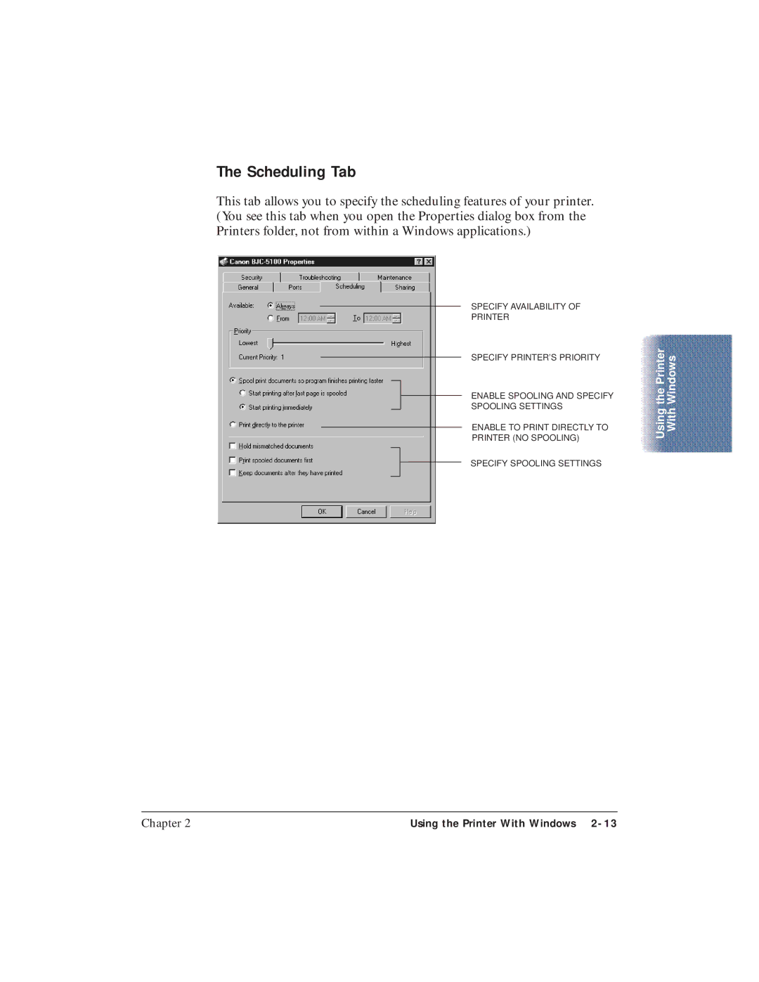 Canon BJC-5100 user manual Scheduling Tab 