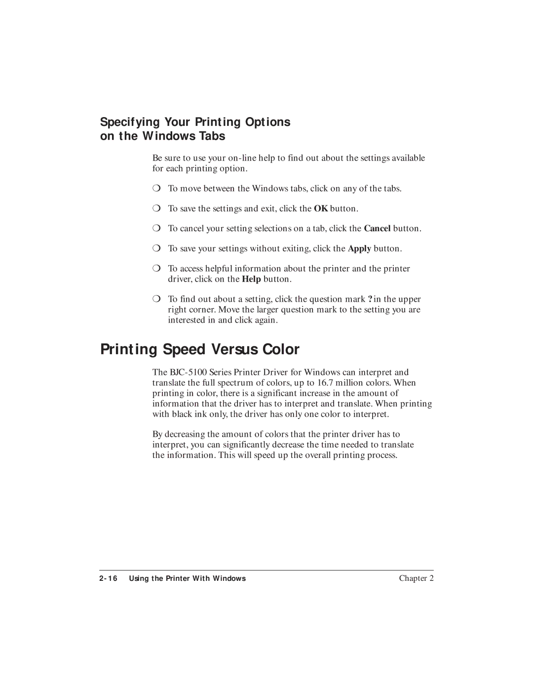 Canon BJC-5100 user manual Printing Speed Versus Color, Specifying Your Printing Options on the Windows Tabs 