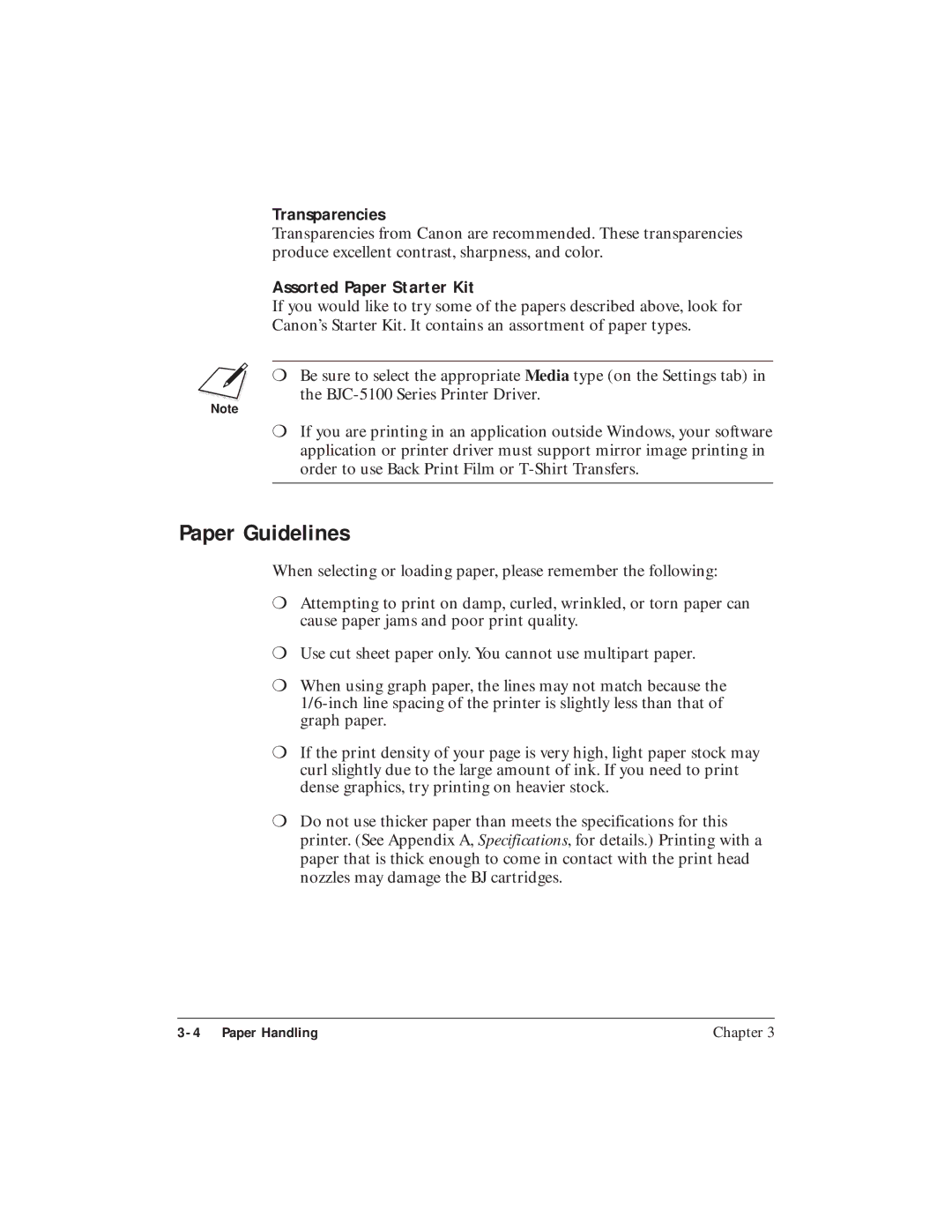 Canon BJC-5100 user manual Paper Guidelines, Transparencies, Assorted Paper Starter Kit 