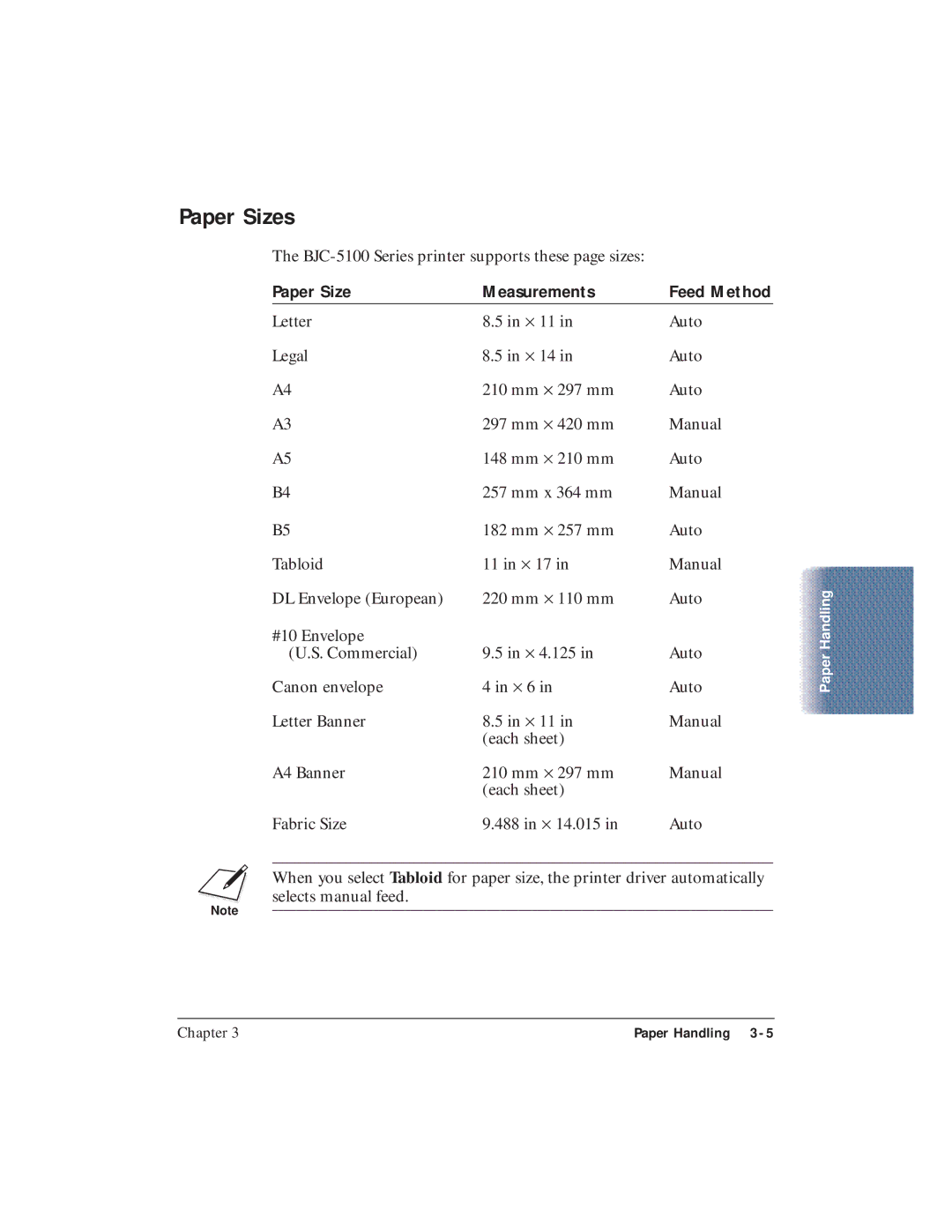 Canon BJC-5100 user manual Paper Sizes, Paper Size Measurements 