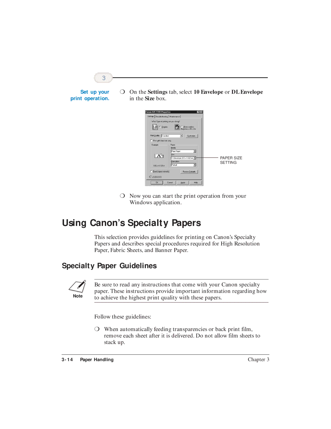 Canon BJC-5100 user manual Using Canon’s Specialty Papers, Specialty Paper Guidelines 