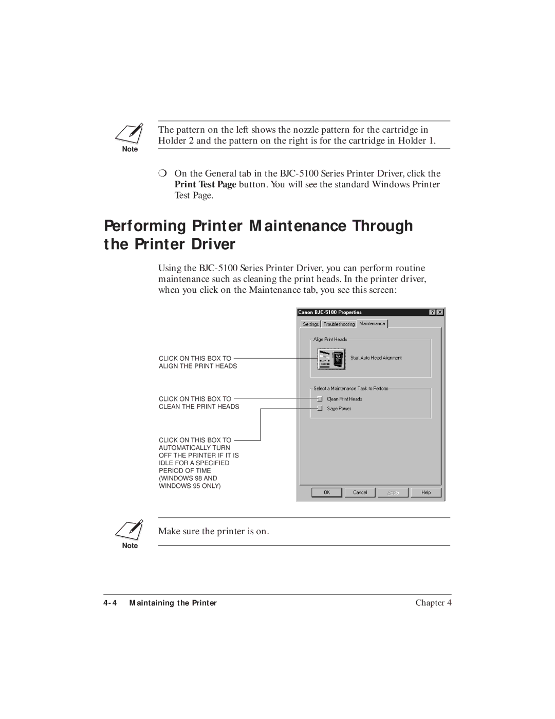 Canon BJC-5100 user manual Performing Printer Maintenance Through the Printer Driver 