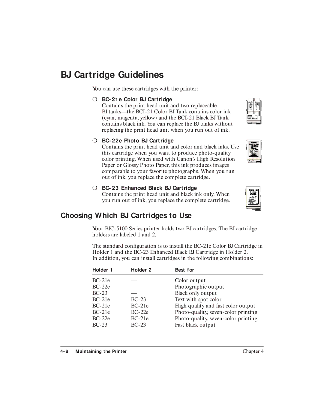 Canon BJC-5100 user manual BJ Cartridge Guidelines, Choosing Which BJ Cartridges to Use, BC-21e Color BJ Cartridge 