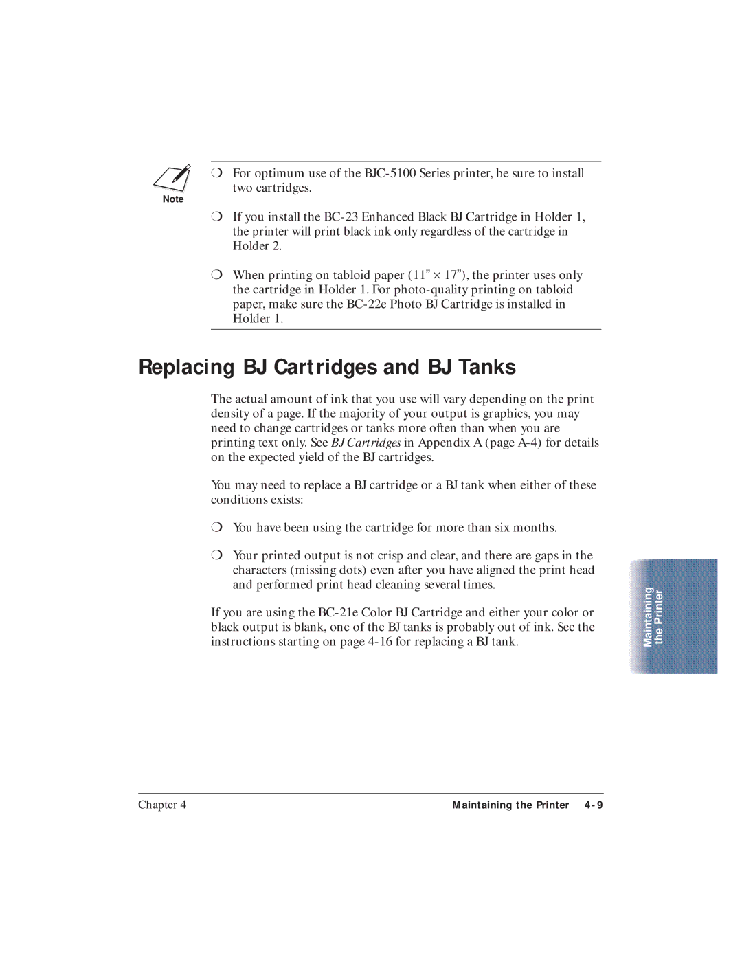 Canon BJC-5100 user manual Replacing BJ Cartridges and BJ Tanks 