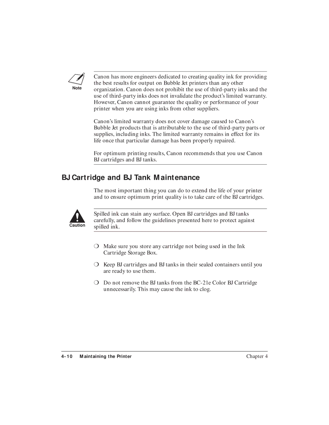 Canon BJC-5100 user manual BJ Cartridge and BJ Tank Maintenance 