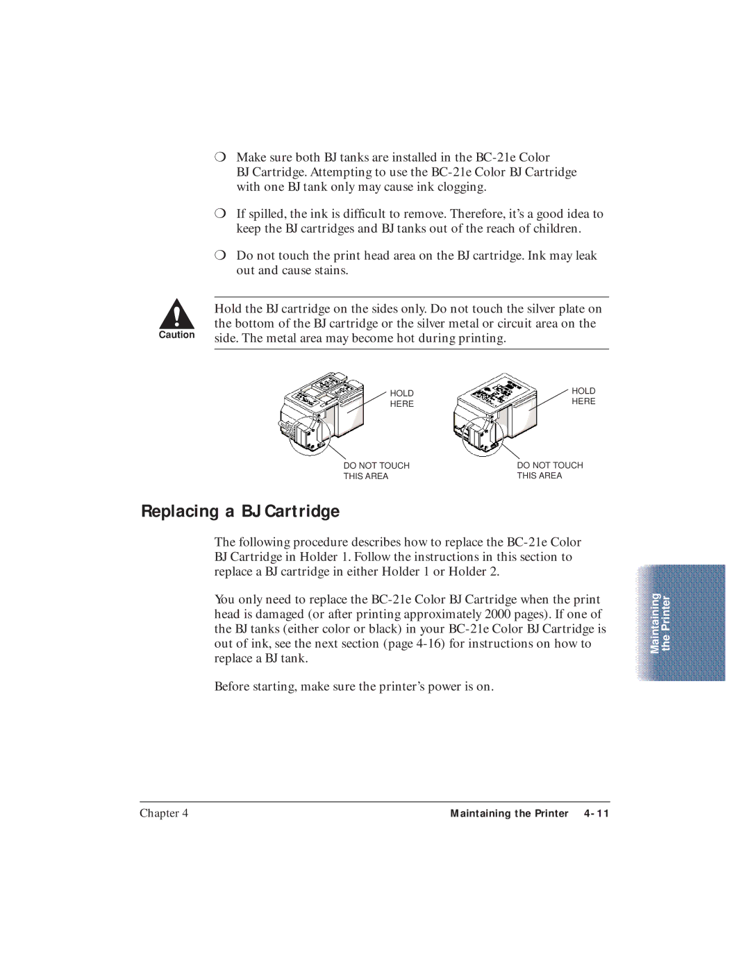 Canon BJC-5100 user manual Replacing a BJ Cartridge 