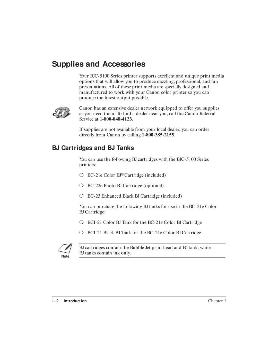 Canon BJC-5100 user manual Supplies and Accessories, BJ Cartridges and BJ Tanks 