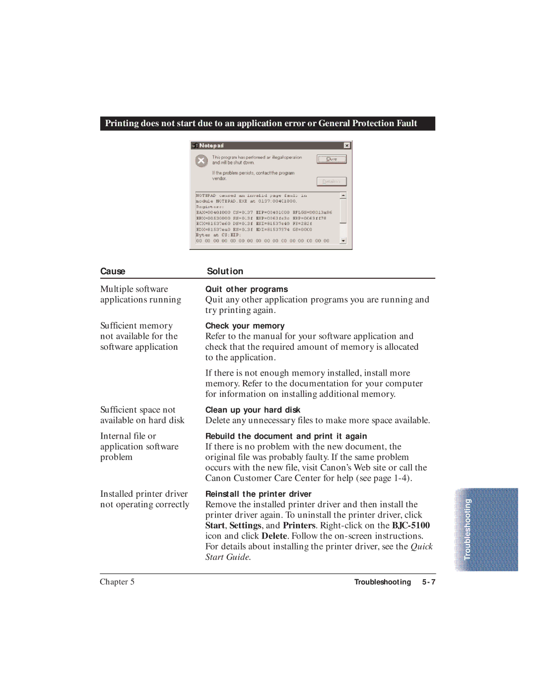 Canon BJC-5100 user manual Check your memory, Clean up your hard disk, Rebuild the document and print it again 