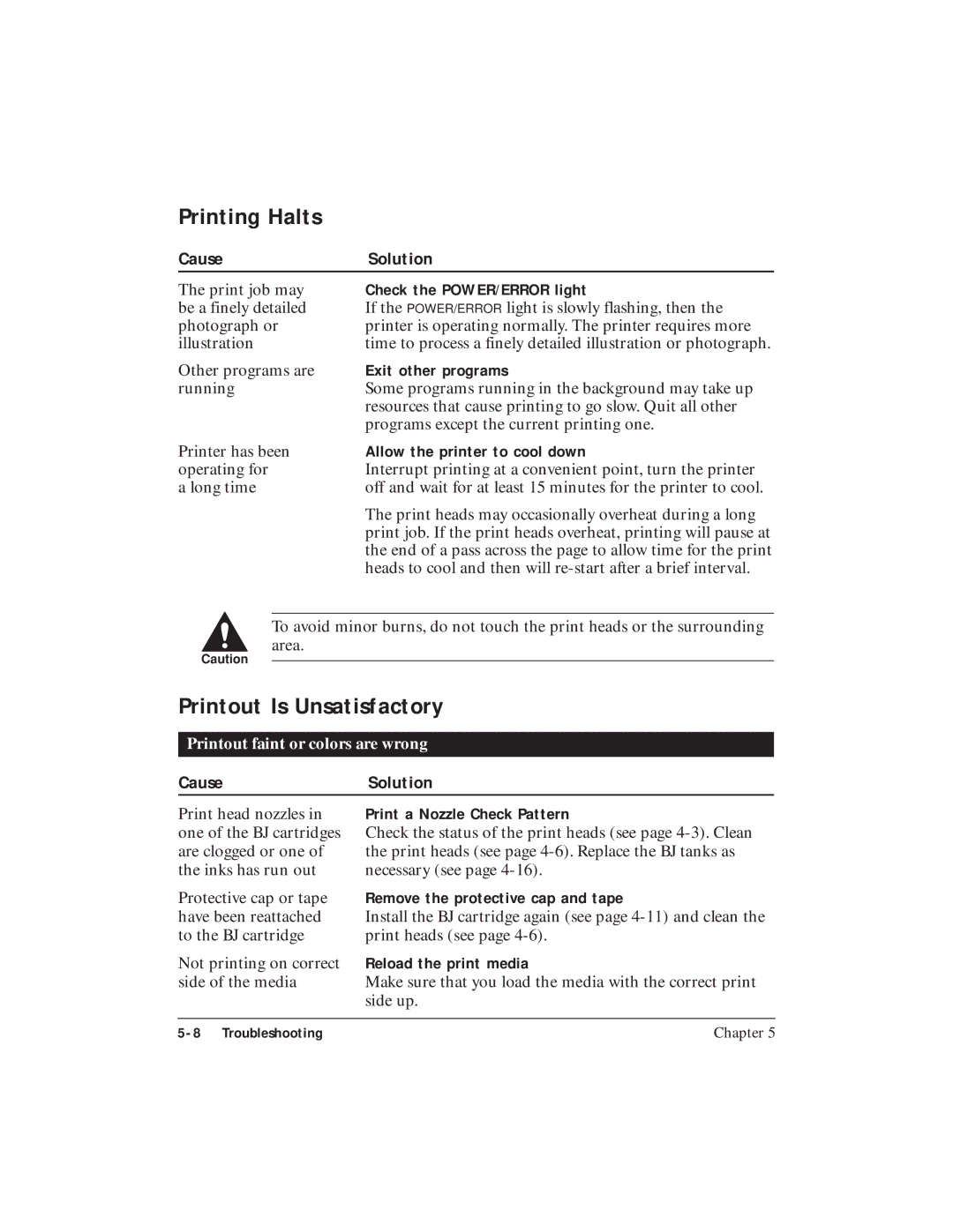 Canon BJC-5100 user manual Printing Halts, Printout Is Unsatisfactory 