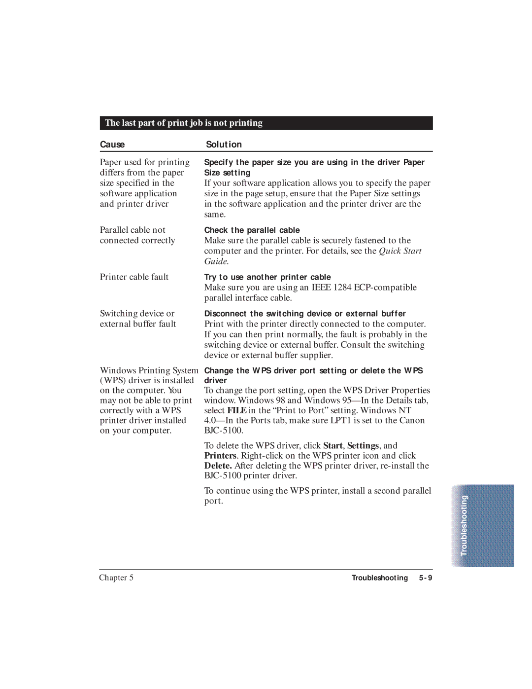 Canon BJC-5100 user manual Try to use another printer cable, Change the WPS driver port setting or delete the WPS driver 