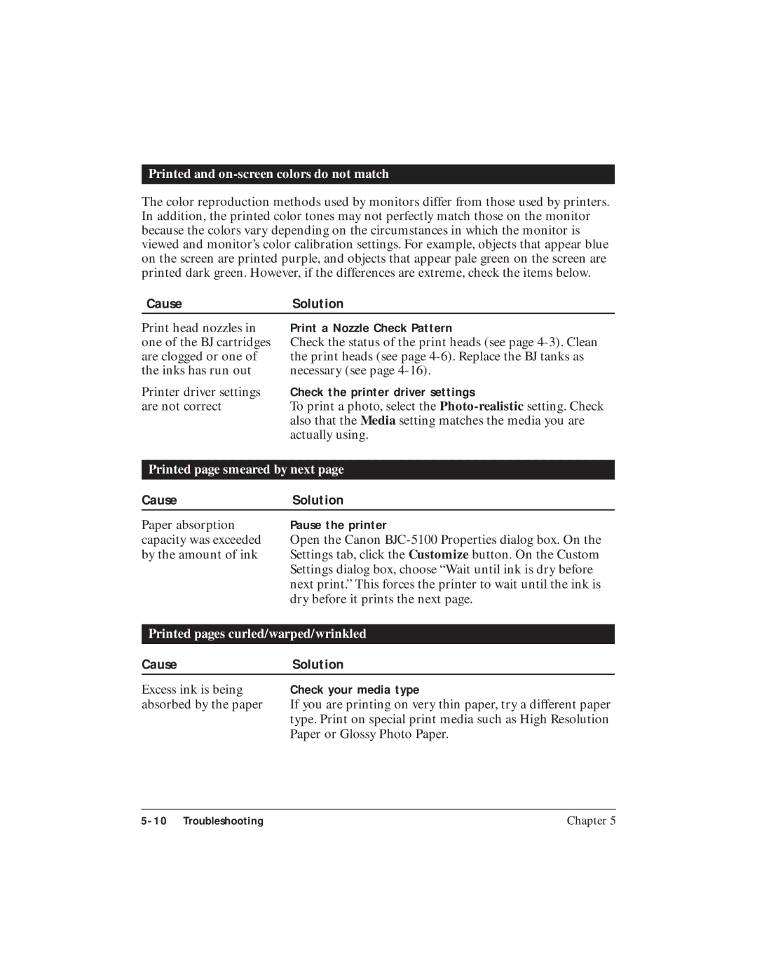 Canon BJC-5100 user manual CauseSolution, Check the printer driver settings, Pause the printer, Check your media type 