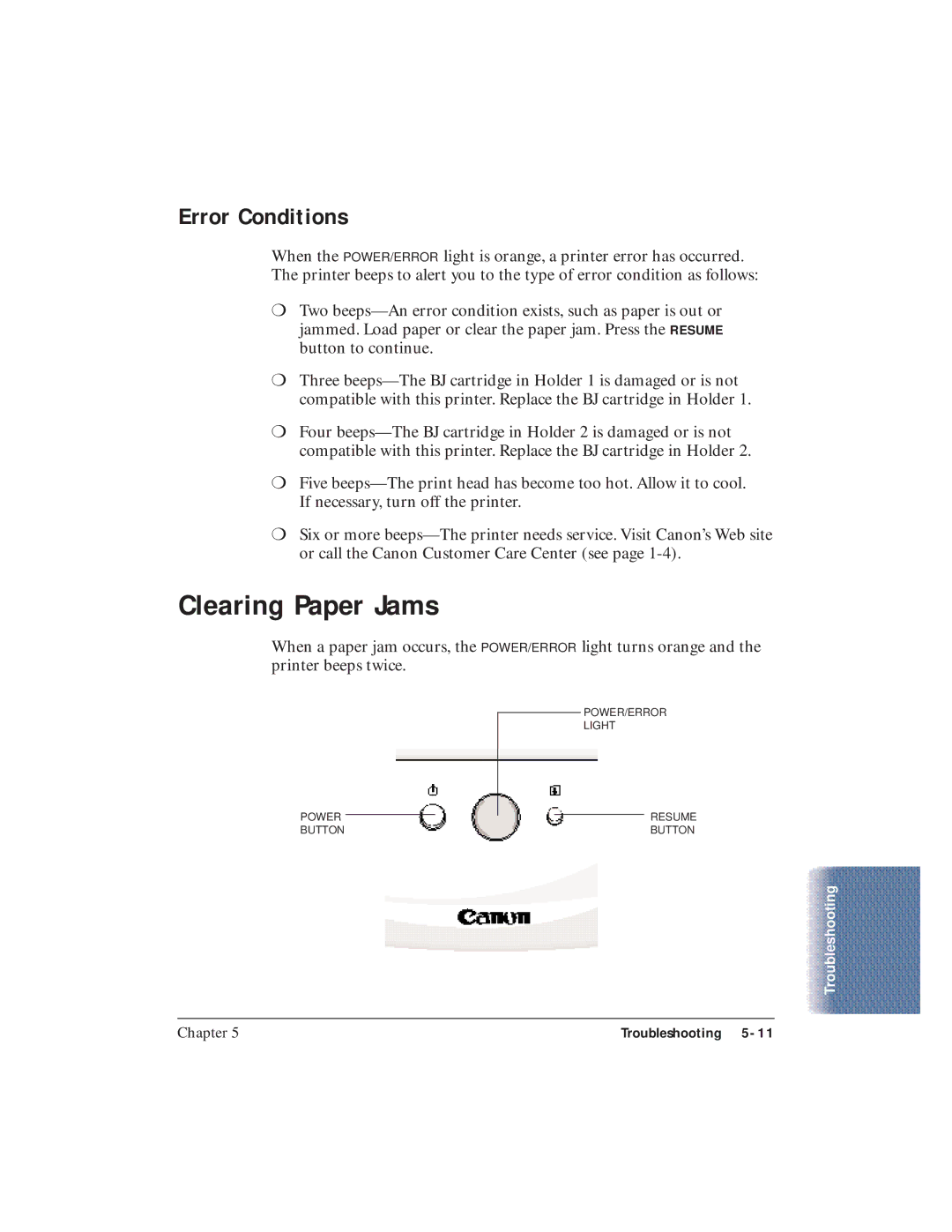 Canon BJC-5100 user manual Clearing Paper Jams, Error Conditions 