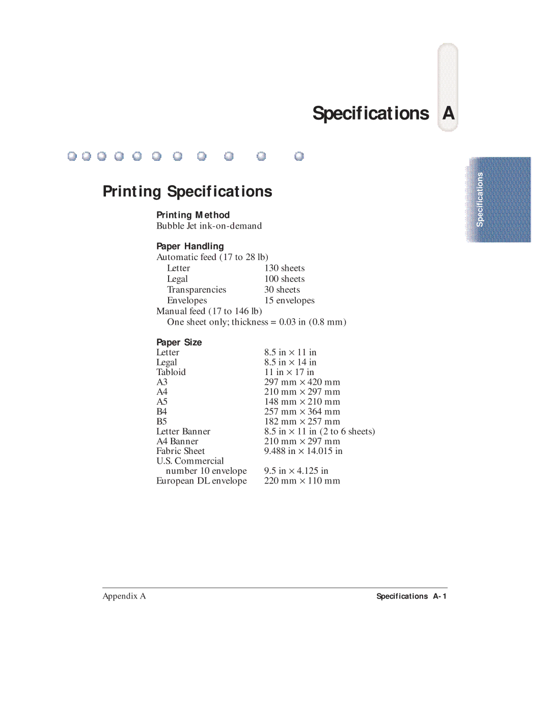 Canon BJC-5100 user manual Printing Specifications, Printing Method, Paper Handling, Paper Size 