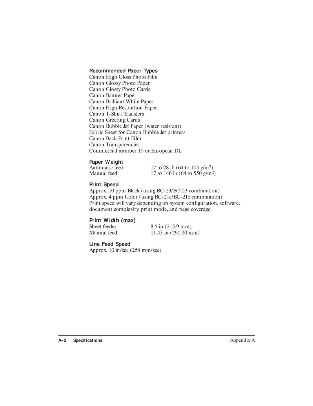 Canon BJC-5100 user manual Recommended Paper Types, Paper Weight, Print Speed, Print Width max, Line Feed Speed 