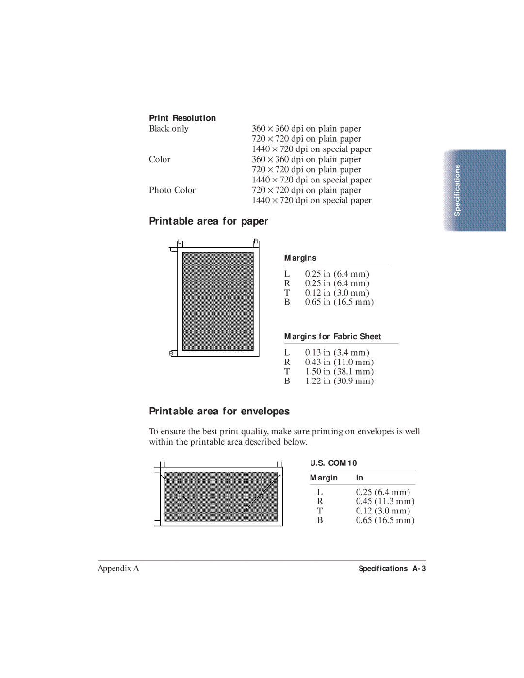 Canon BJC-5100 user manual Printable area for paper, Printable area for envelopes, Print Resolution 